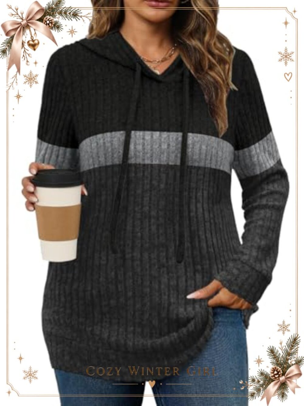 Plus Size Ribbed Knit Hoodie Sweater Casual Long Sleeve Pullover Top